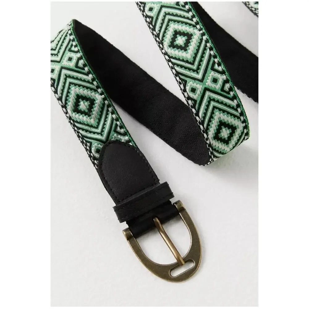 Free People Moving To Mars Cotton Leather Aztec Print Belt Green Size M/L